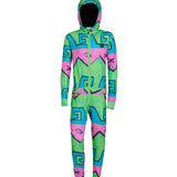 Airblaster Junior's Ninja Suit 2025 - Neon green onesie with pink and blue accents, featuring a ninja mask design on front.