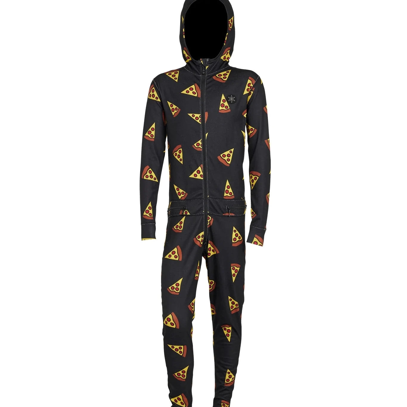 Airblaster Junior's Ninja Suit 2025 - Black onesie with a repeating pattern of yellow and red ninjas in various poses.