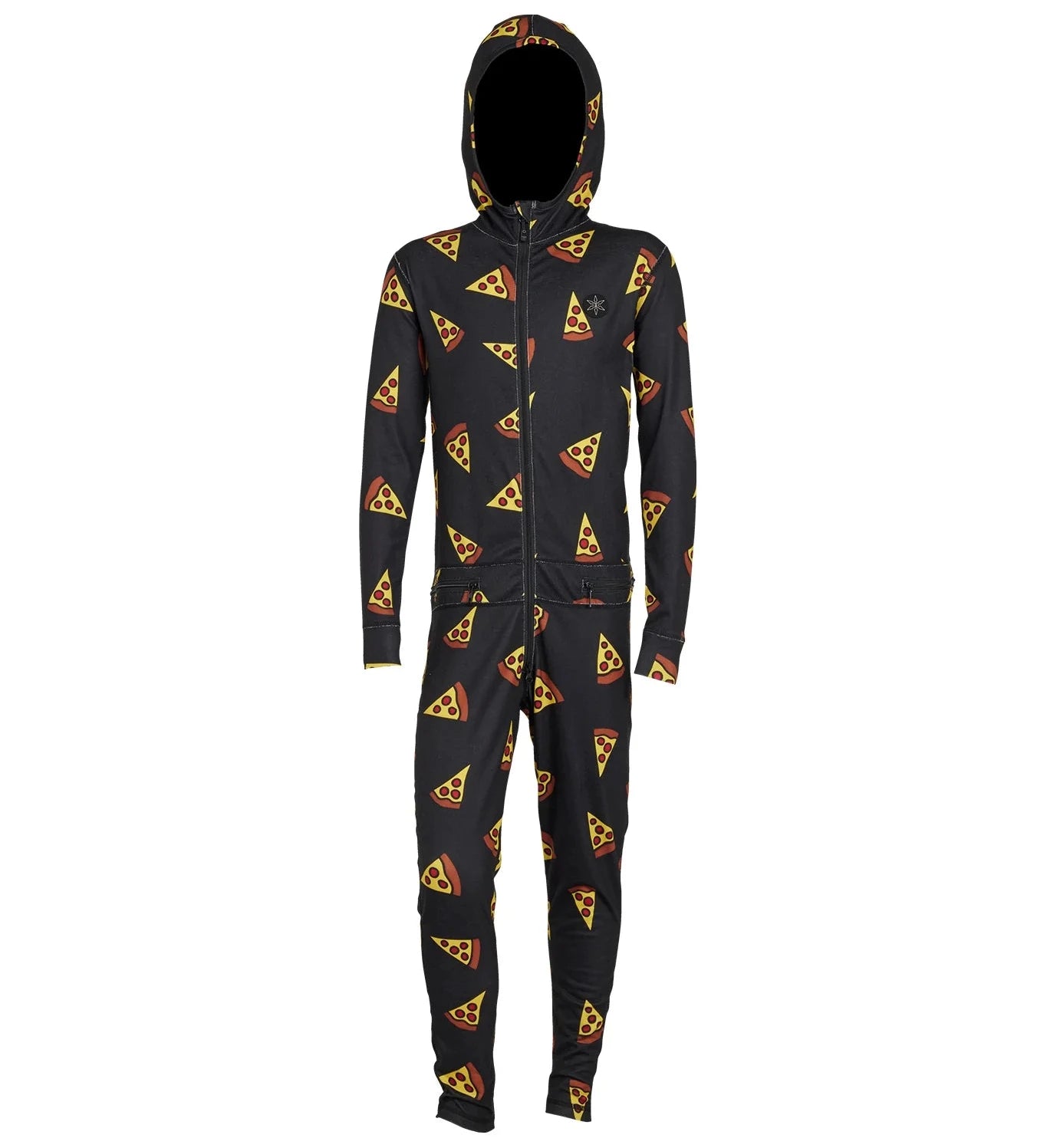 Airblaster Junior's Ninja Suit 2025 - Black onesie with a repeating pattern of yellow and red ninjas in various poses.