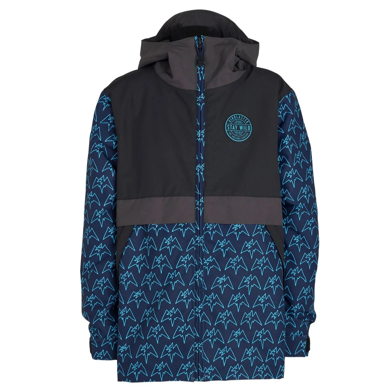 Airblaster Junior's Trencher Insulated Jacket 2025 - A black jacket with a repeating pattern of light blue mountain peaks and lines.