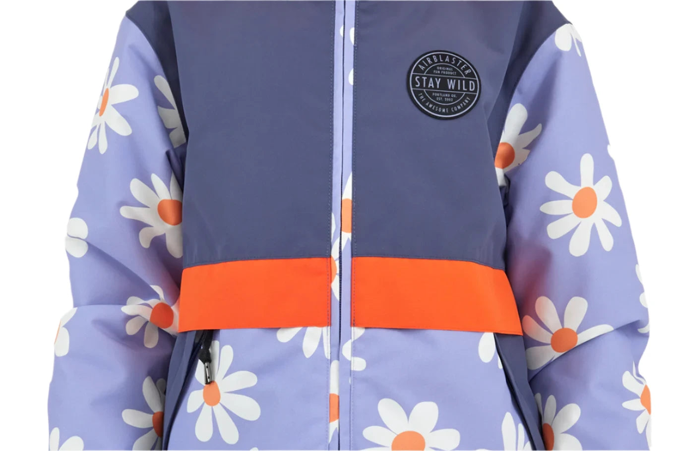 Airblaster Junior's Trencher Insulated Jacket 2025 - A light blue jacket with a white flower pattern and orange accents.