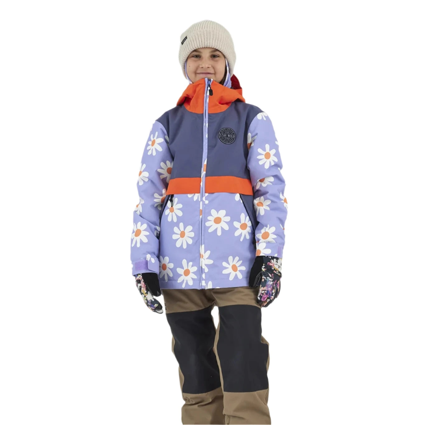 Airblaster Junior's Trencher Insulated Jacket 2025 - A light blue jacket with a white daisy pattern and orange accents, worn by a model.