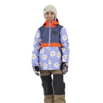 Airblaster Junior's Trencher Insulated Jacket 2025 - A light blue jacket with a white daisy pattern and orange accents, worn by a model.