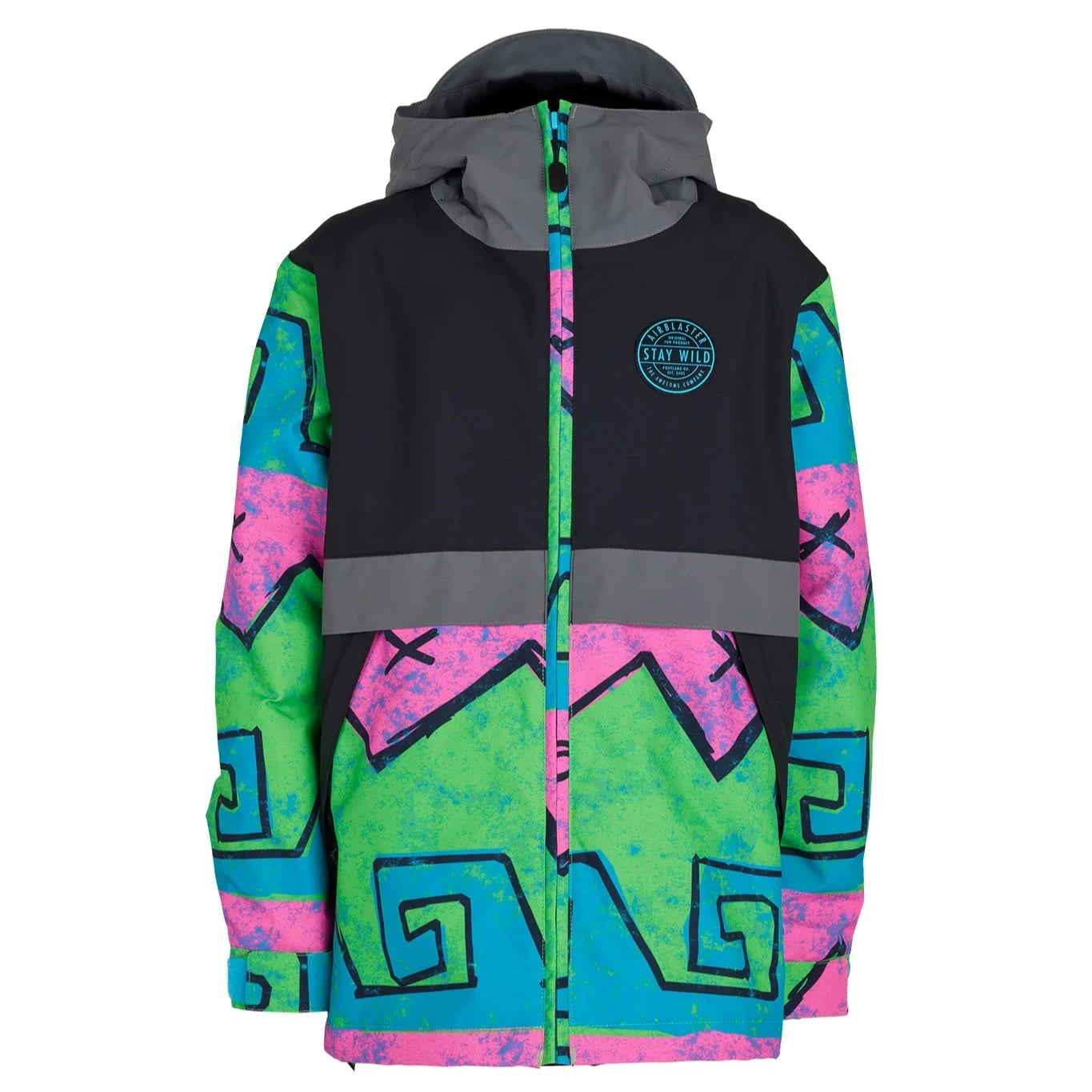 Airblaster Junior's Trencher Insulated Jacket 2025 - A black jacket with a gray hood and neon green accents.