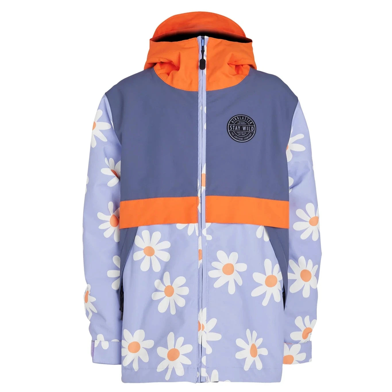 Airblaster Junior's Trencher Insulated Jacket 2025 - A blue and orange jacket with a repeating pattern of white flowers featuring peach centers.