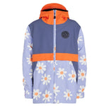 Airblaster Junior's Trencher Insulated Jacket 2025 - A blue and orange jacket with a repeating pattern of white flowers featuring peach centers.