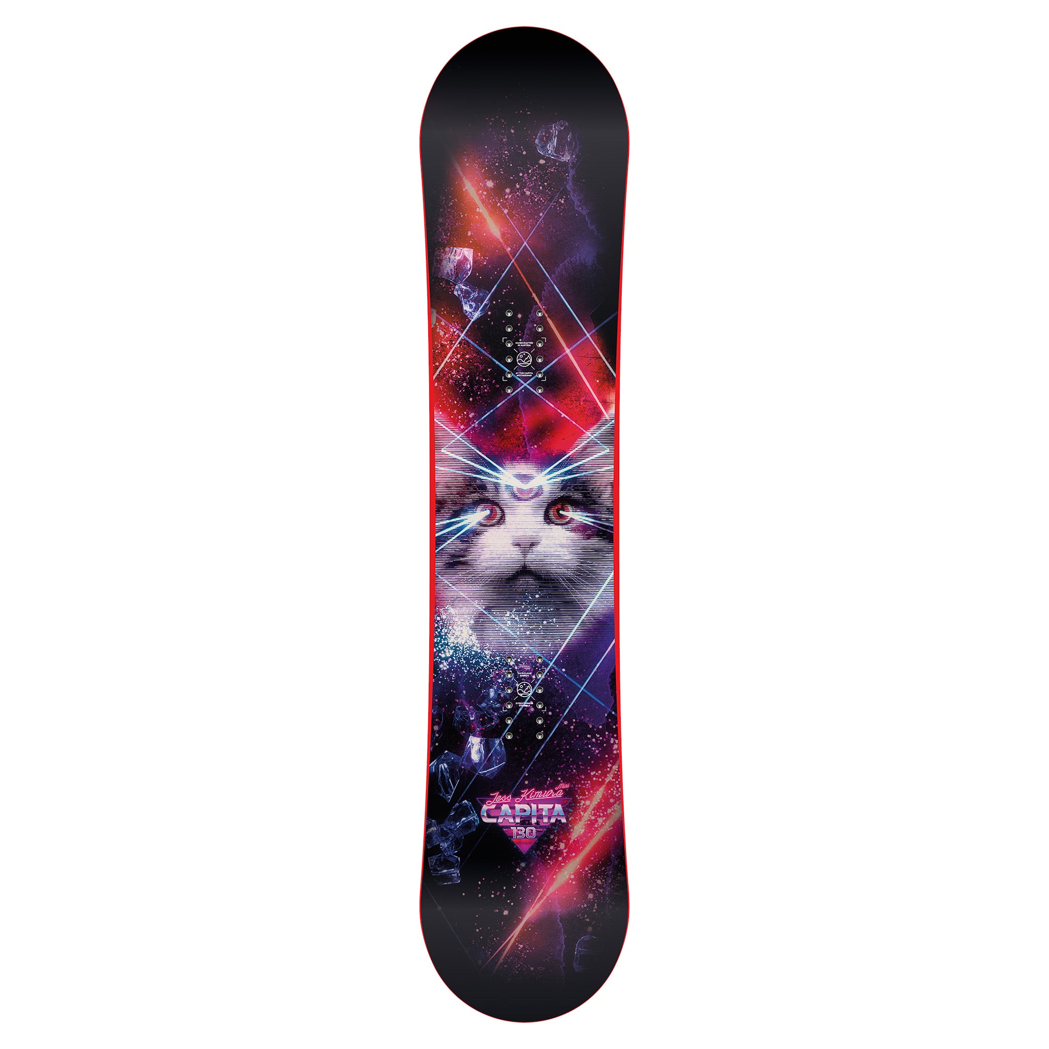 CAPITA - Junior's Jess Kimura Mini Snowboard 2025 is a black snowboard with a white and red logo on top of it.