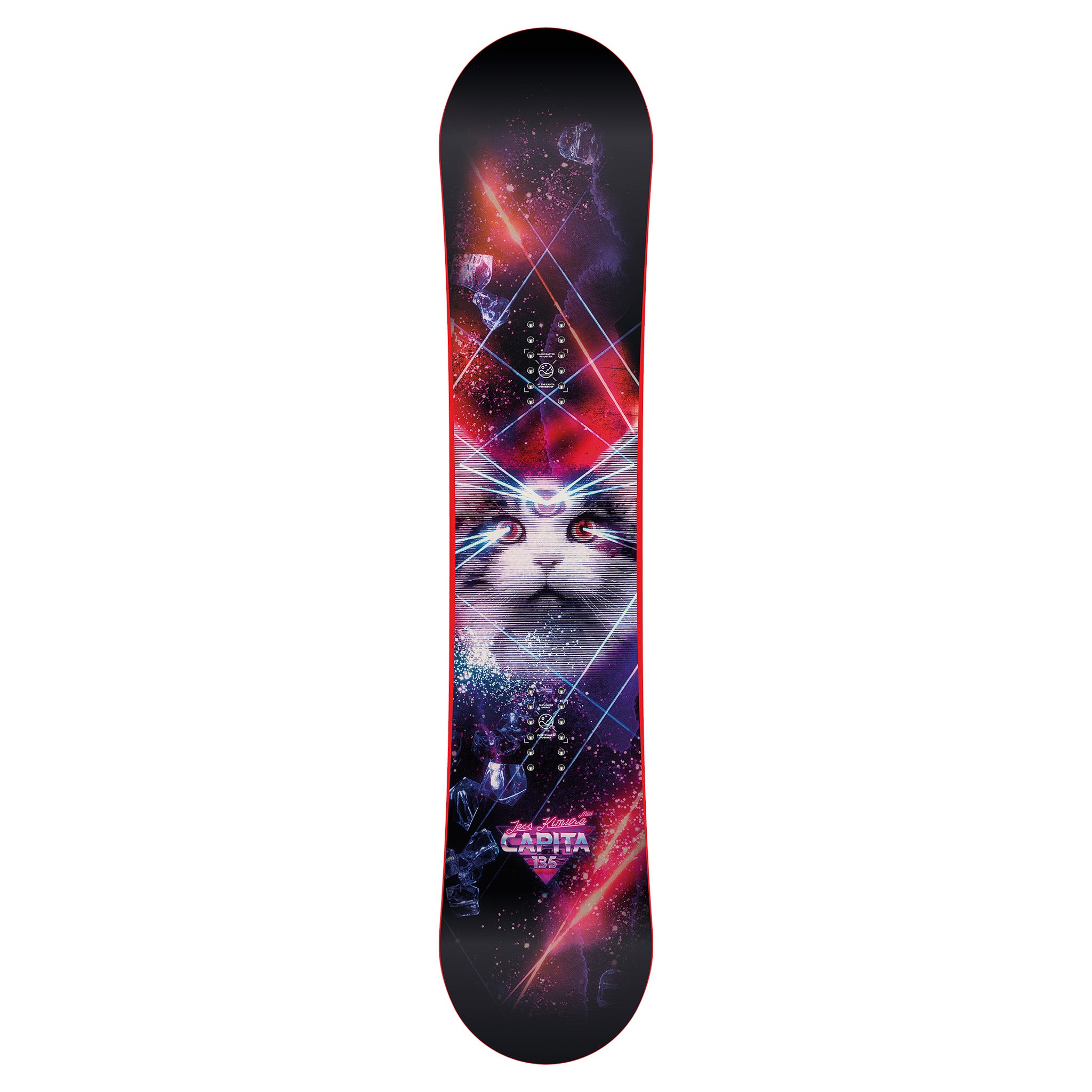 CAPiTA - Junior's Jess Kimura Mini Snowboard 2025 with a black background and white text, featuring a close-up of a smiling girl wearing a pink helmet and goggles.