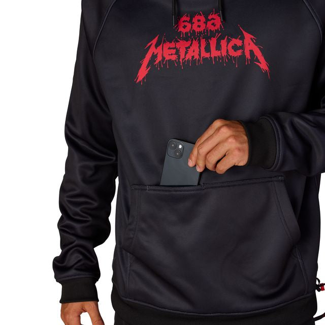Black hooded sweatshirt with red Metallica logo on chest and kangaroo pocket