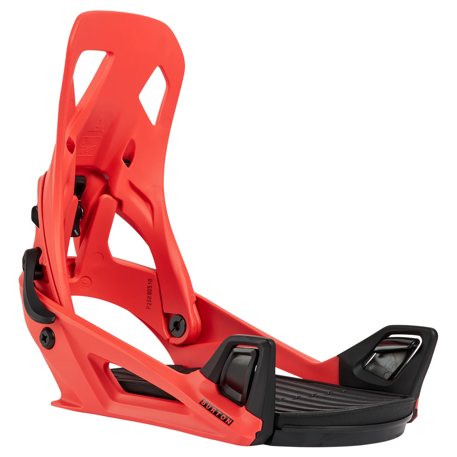 Red snowboard bindings with highback cutouts and rear heel strap