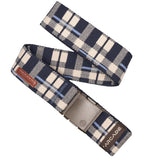 Arcade Plaid Stretch Belt 2024 - A plaid-patterned belt with a brown buckle and stretch material.
