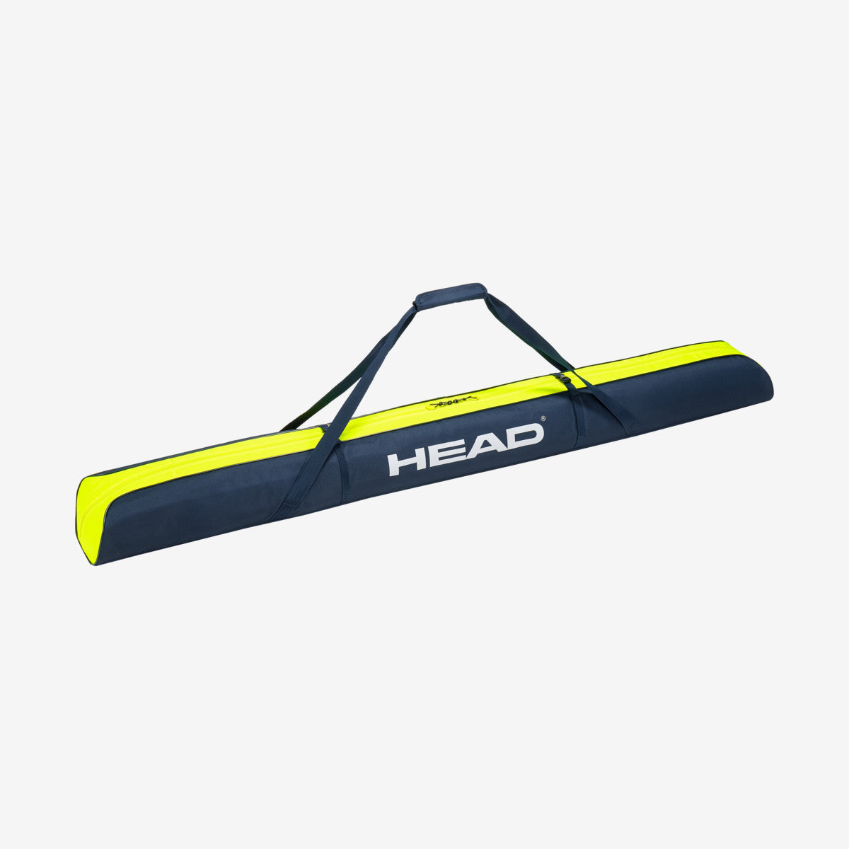 Head 195cm Single Ski Bag 2024 - A navy blue bag with a yellow stripe and white lettering, featuring two black straps for carrying.