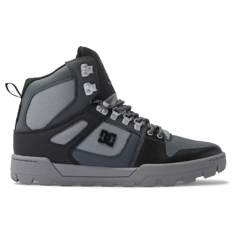 DC Pure High Top Water Resistant Boots 2024 - A pair of high-top boots with a water-resistant design, featuring a sleek black and white color scheme.