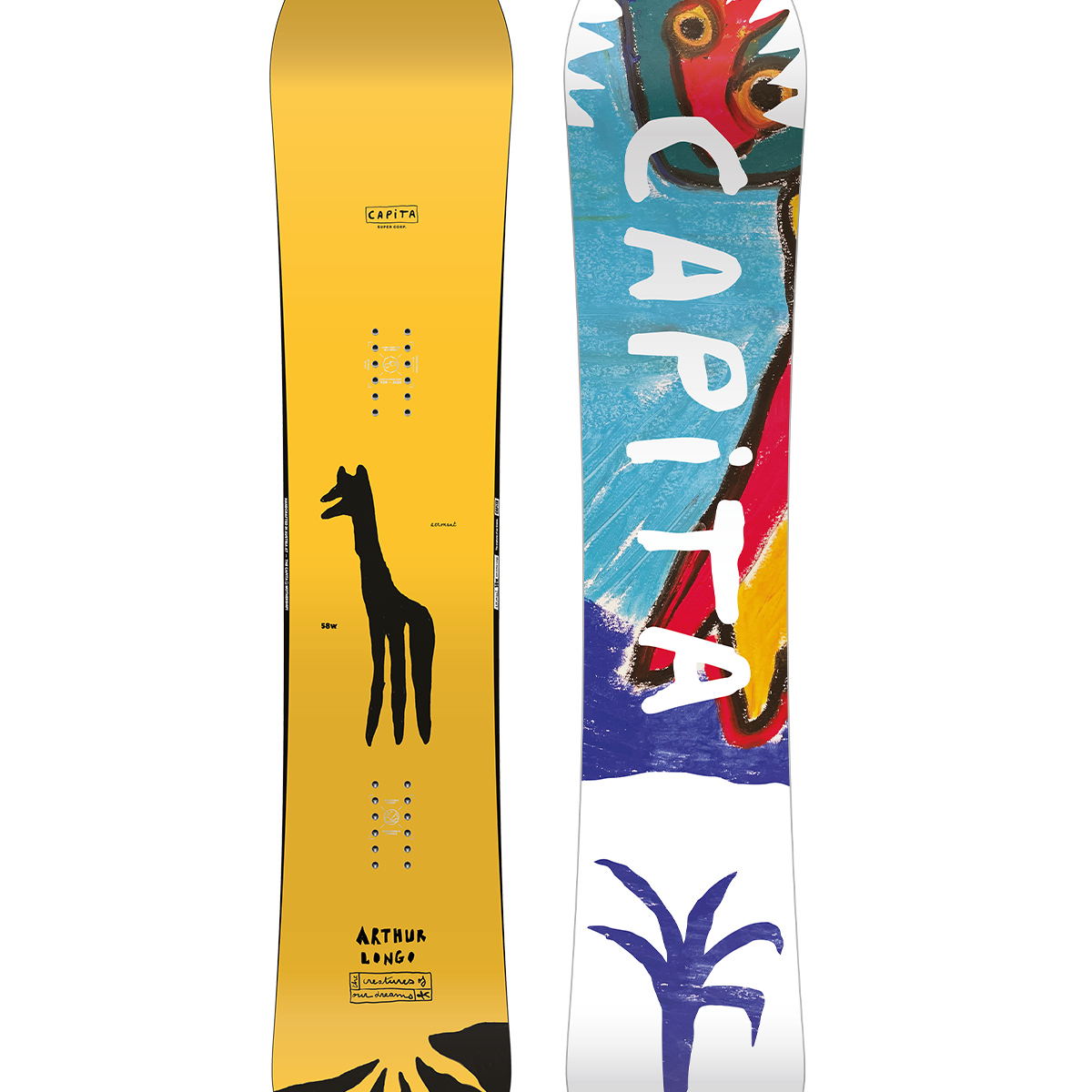 CAPITA AERONAUT SNOWBOARD 2026 - White snowboard with black and red logo on top left corner, black bindings on bottom edge.