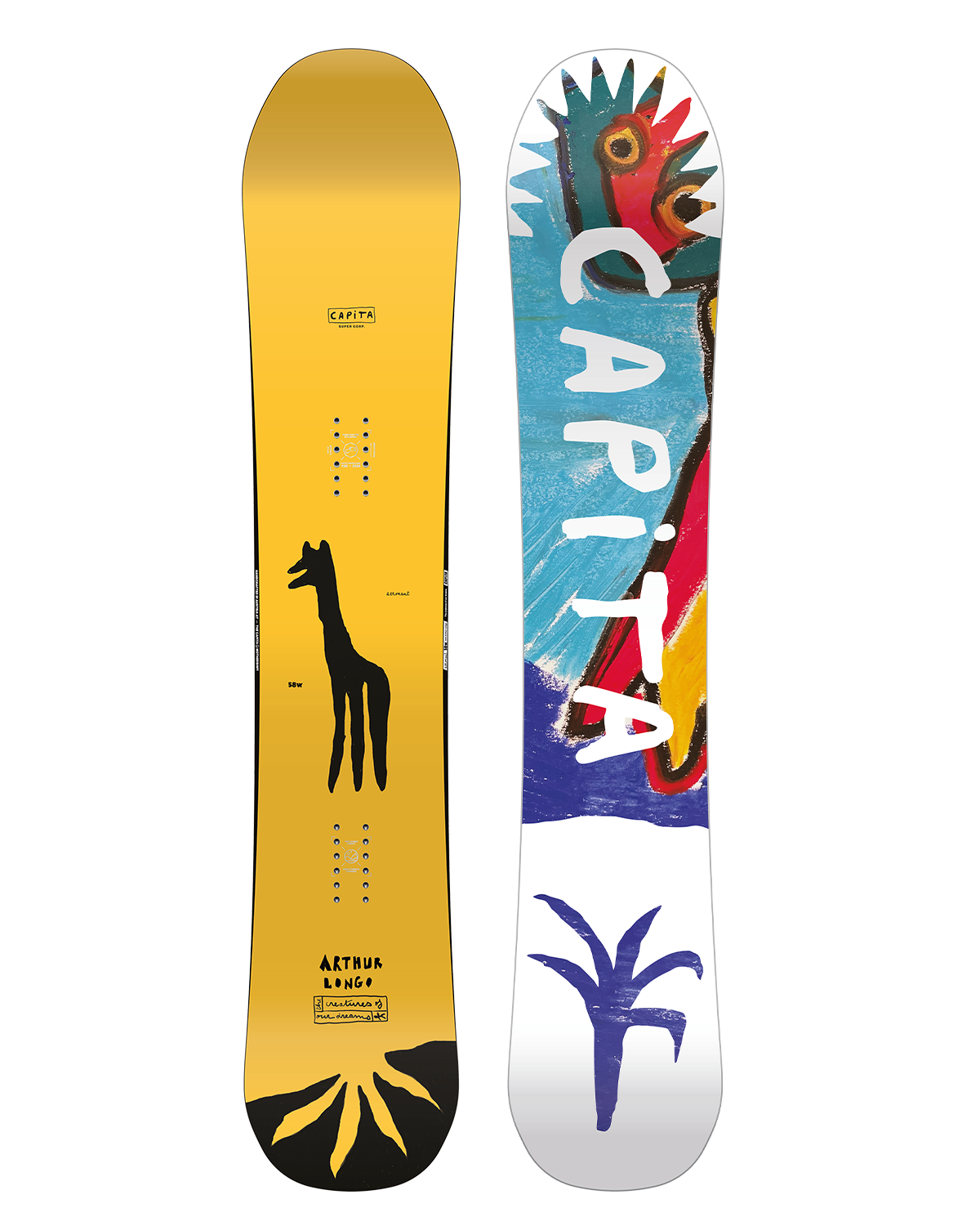 CAPITA AERONAUT SNOWBOARD 2026 - White snowboard with black and red logo on top left corner, black bindings on bottom edge.