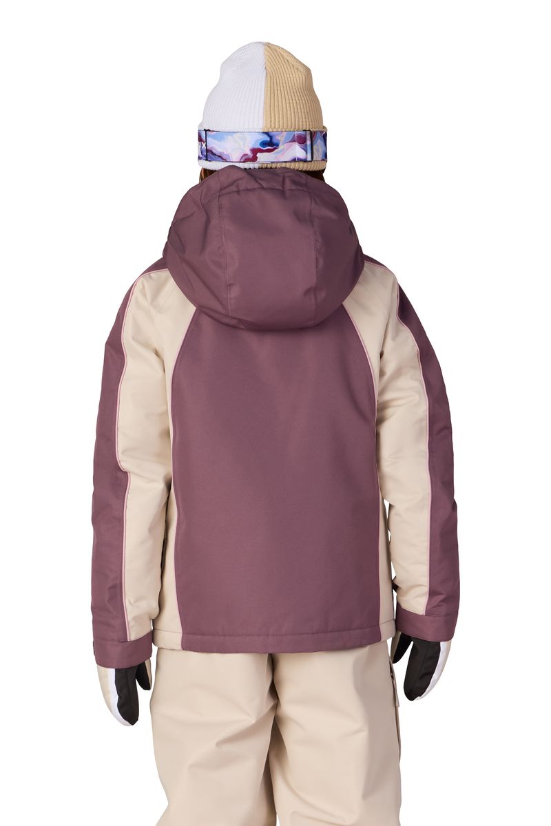 Girls' insulated hooded jacket, plum back view with beige side panels