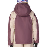 Girls' insulated hooded jacket, plum back view with beige side panels