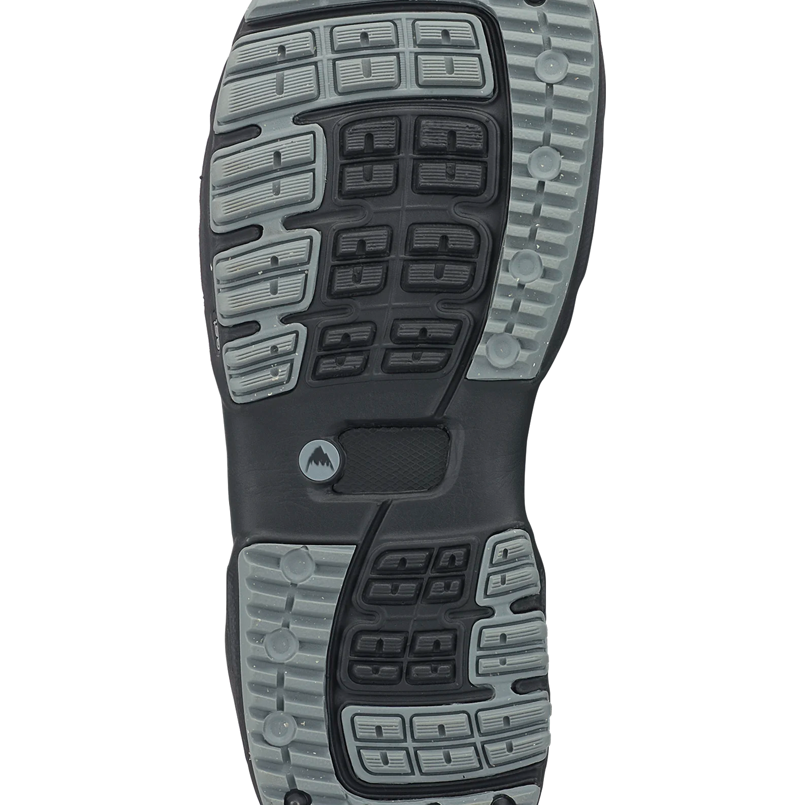 Outsole tread of black snowboard boots with grip traction pattern