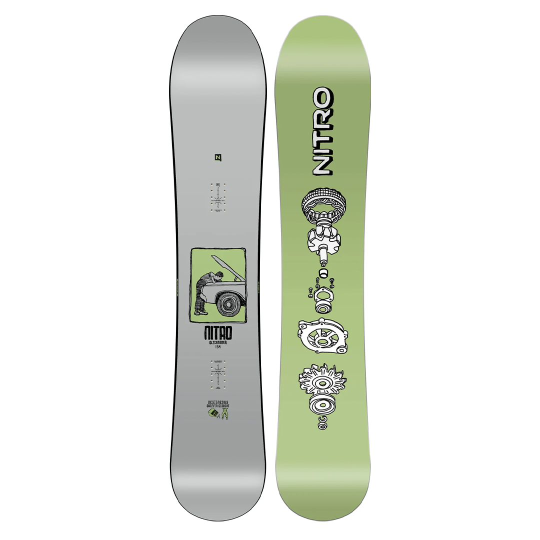 Nitro Alternator Snowboard 2026 - A light green snowboard with a black and white logo on top, featuring a man riding it down a mountain.