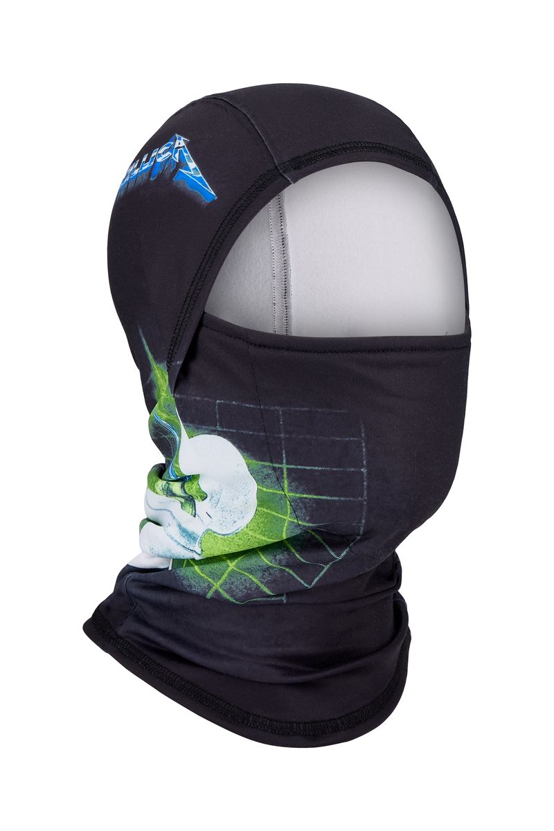 686 hinged balaclava in dark fabric with blue mountain and green graphic on face
