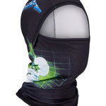 686 hinged balaclava in dark fabric with blue mountain and green graphic on face