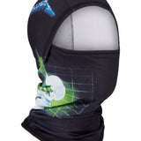 686 hinged balaclava in dark fabric with blue mountain and green graphic on face