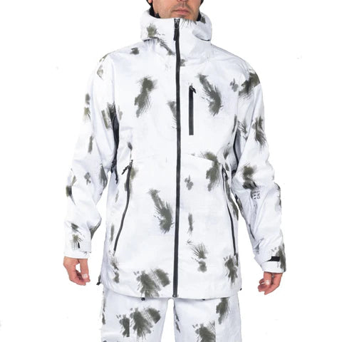 3L Shelter Shell Jacket - A white jacket with a black zipper and two zippered pockets on either side.