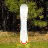 Arbor Women's Mantra Rocker Snowboard 2024 - A white snowboard with blue and green accents, featuring a distinctive rockered shape.