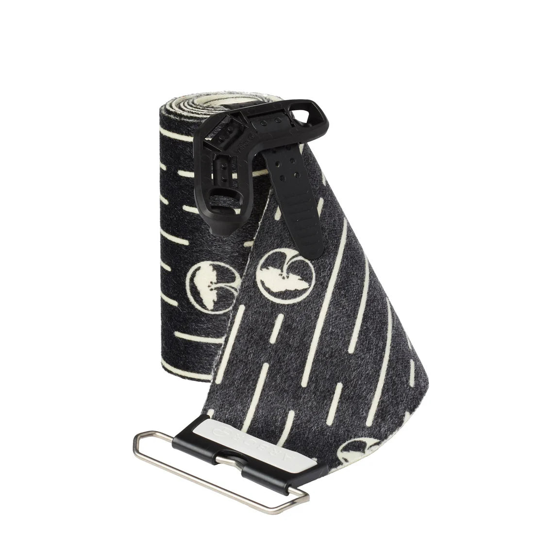 Arbor Universal Splitboard Skin 2023 - A black splitboard skin with white lines and logos, rolled up on a plain background.