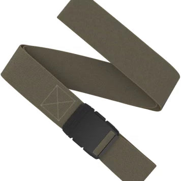 Olive woven hardware belt with dark buckle and triangular logo patch