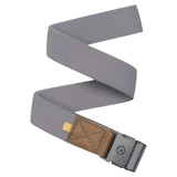 Arcade Ridge Slim Belt 2022 - A gray belt with a brown woven patterned strap and a silver metal buckle.