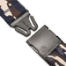 A camouflage-patterned belt in shades of blue, brown, and beige, with the buckle unclasped, showing the 'Arcade' logo on one side.