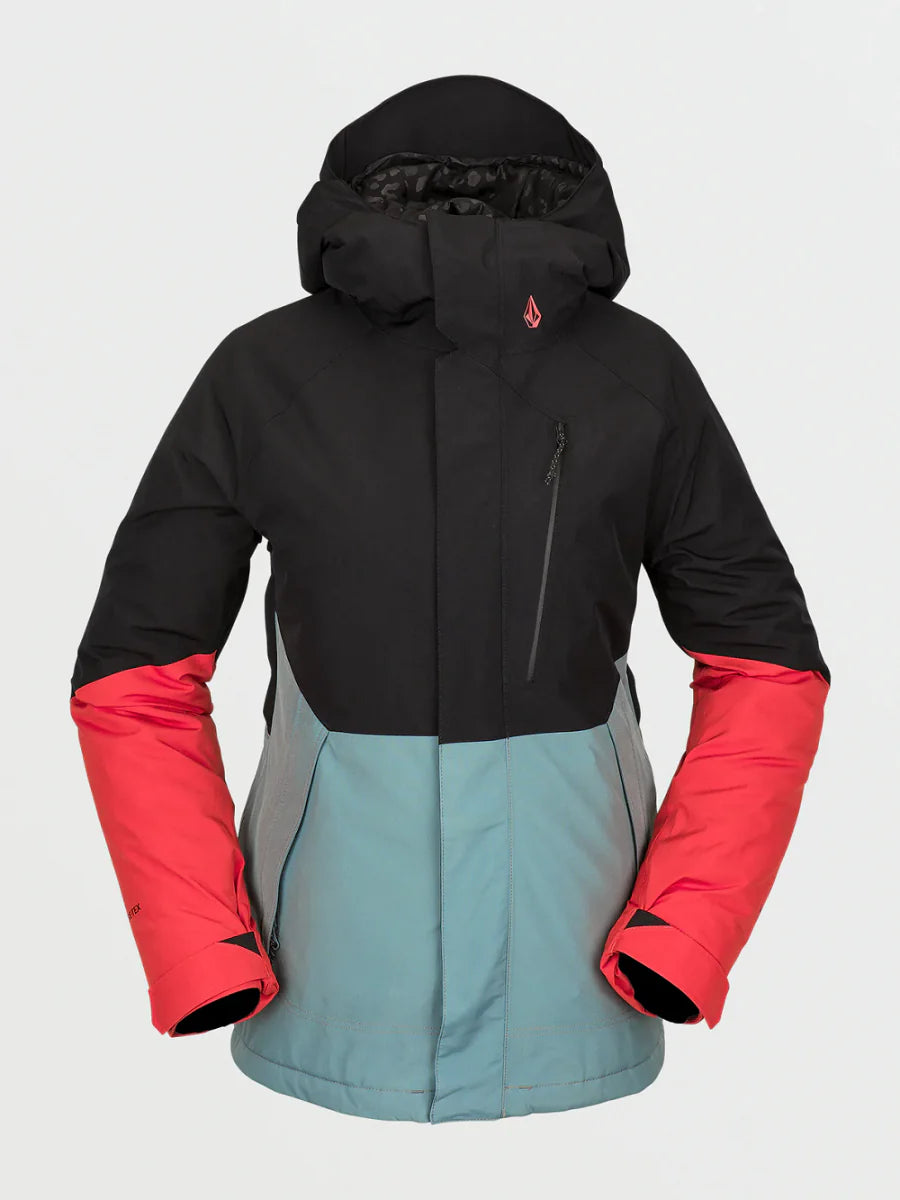 Volcom Women's Aris Insulated GORE-TEX Jacket 2023 - A black jacket with a hood, featuring a zipper and two zippered pockets on the front.