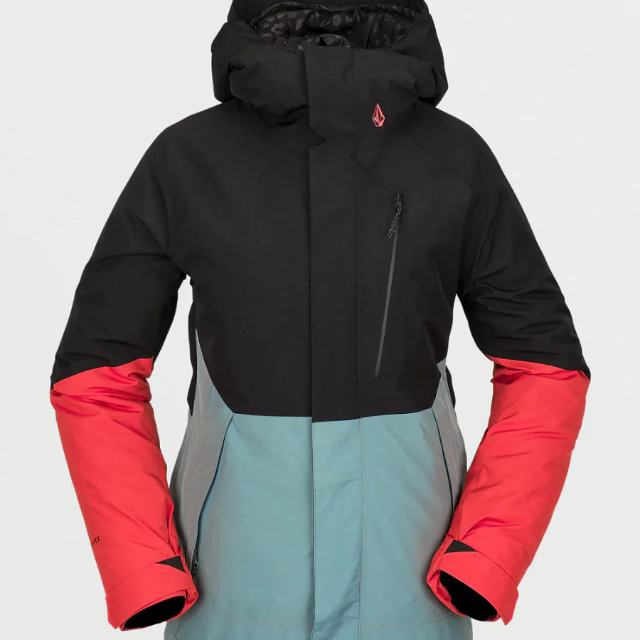 Volcom Women's Aris Insulated GORE-TEX Jacket 2023 - A black jacket with a hood, featuring a zipper and two zippered pockets on the front.