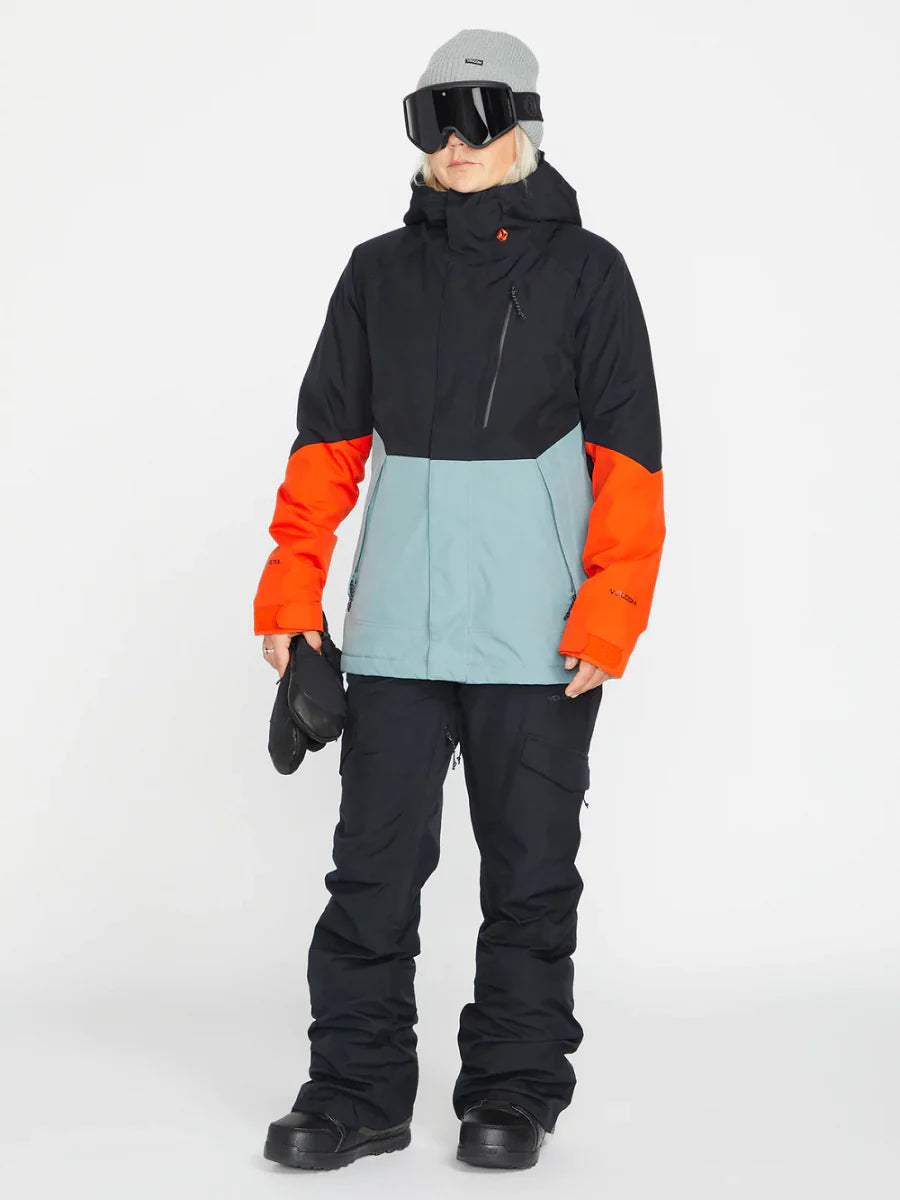 Volcom Women's Aris Insulated GORE-TEX Jacket 2023 - A black jacket with a light blue panel on the front and orange accents on the sleeves.