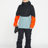 Volcom Women's Aris Insulated GORE-TEX Jacket 2023 - A black jacket with a light blue panel on the front and orange accents on the sleeves.