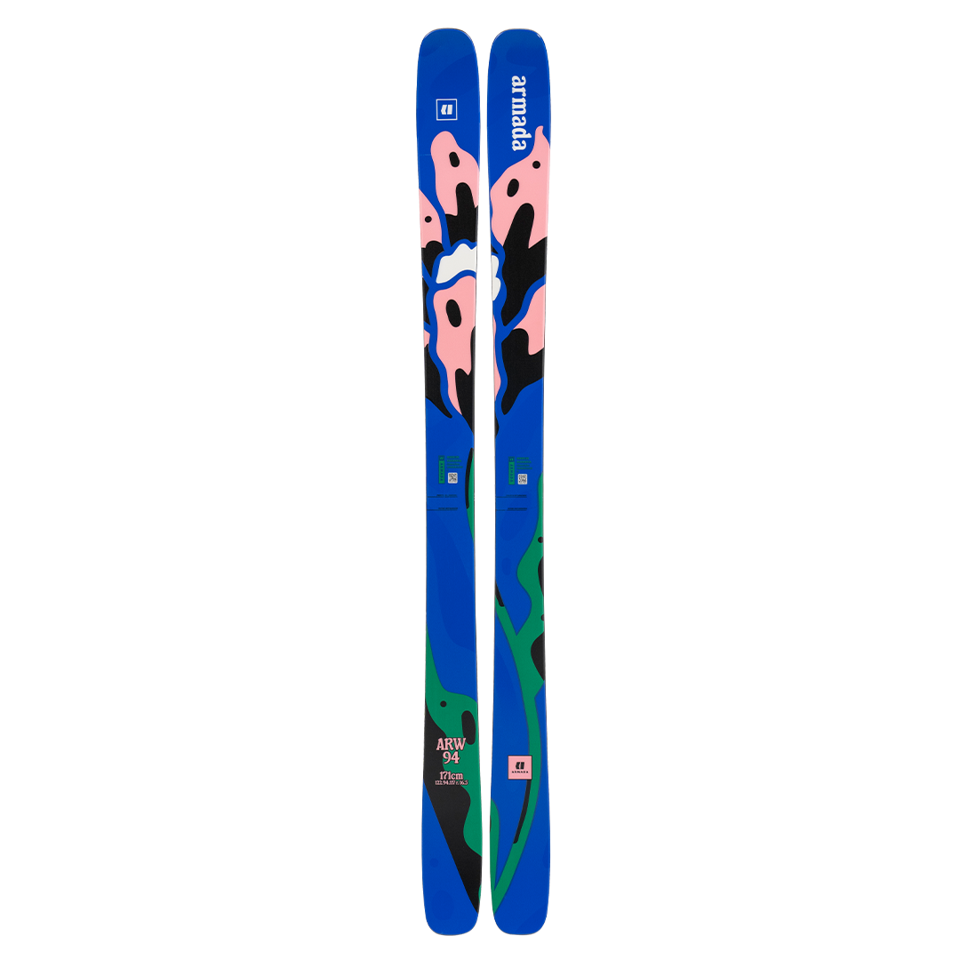 Armada Women's ARW 94 Skis 2026 - A pair of skis with a blue base and pink, black, and green abstract design.