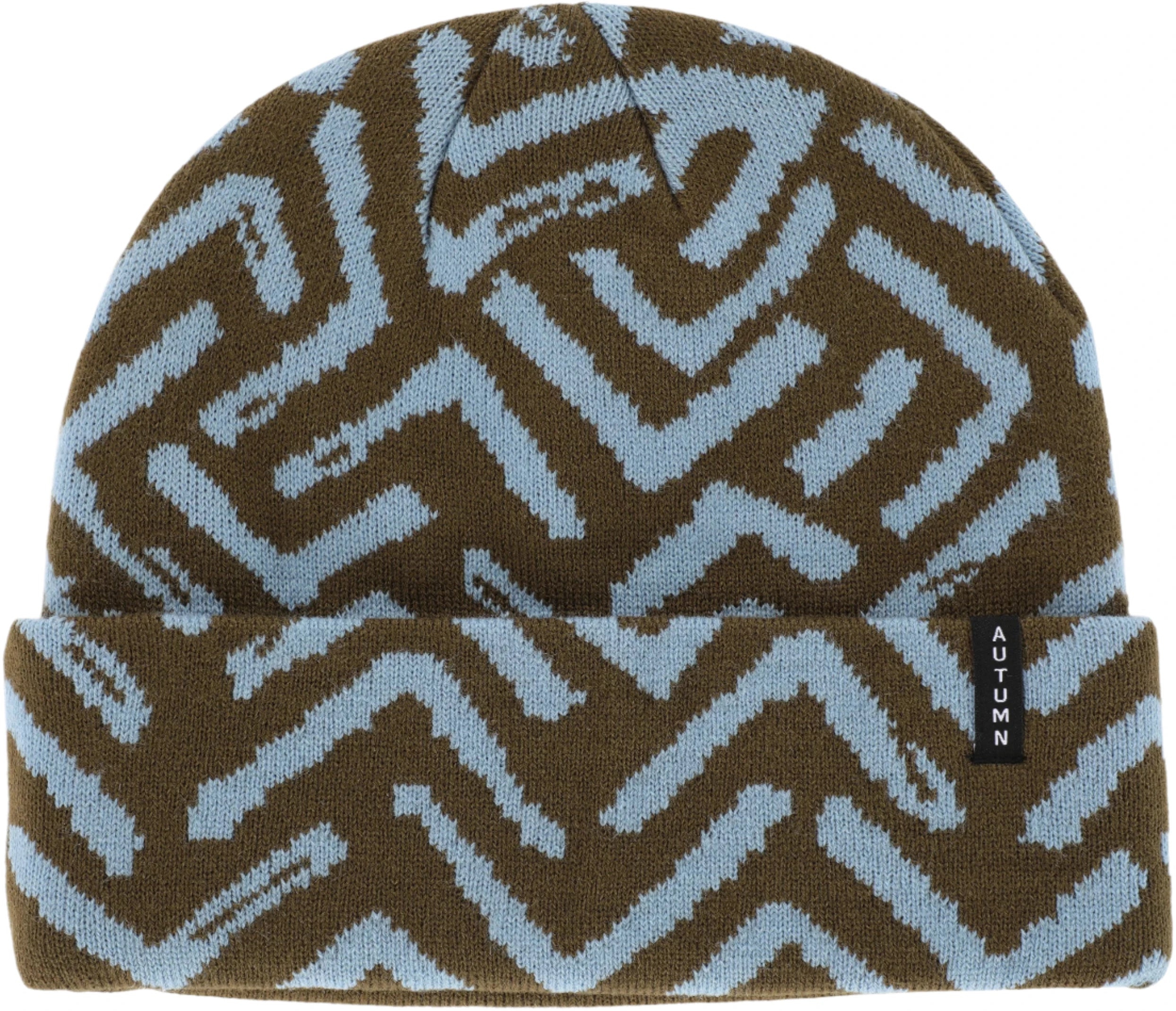 Autumn Select Geo Beanie 2025 - A brown beanie with a light blue geometric pattern.