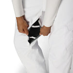 White women’s cargo pants with zip pocket opening at hip and layered knee panel