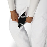 White women’s cargo pants with zip pocket opening at hip and layered knee panel