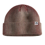 Autumn Simple Static Beanie 2025 - A tan beanie with red stripes and a white logo on the front.