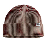 Autumn Simple Static Beanie 2025 - A tan beanie with red stripes and a white logo on the front.
