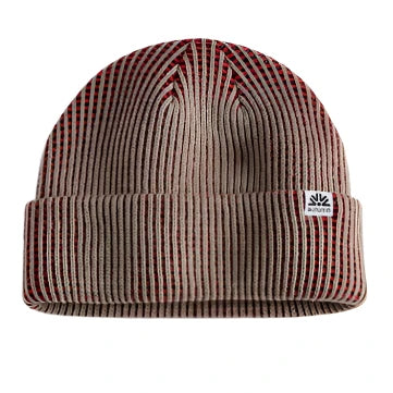 Autumn Simple Static Beanie 2025 - A tan beanie with red stripes and a white logo on the front.