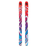 The image shows a pair of Salomon S/Lab QST Blank skis. The skis are predominantly white with a colorful, abstract design on their sides. They have black bindings and are positioned upright against a plain background.