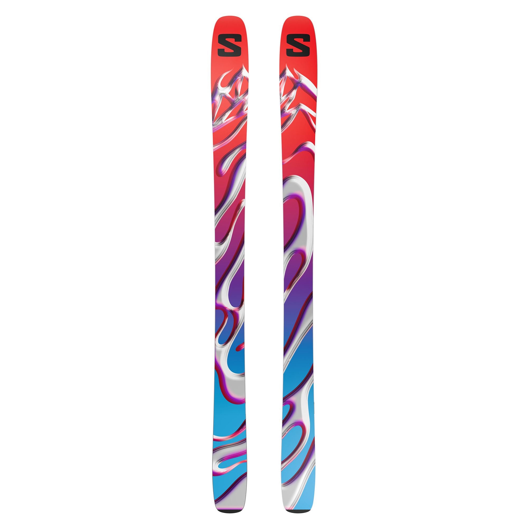 The image shows a pair of Salomon S/Lab QST Blank skis. The skis are predominantly white with a colorful, abstract design on their sides. They have black bindings and are positioned upright against a plain background.