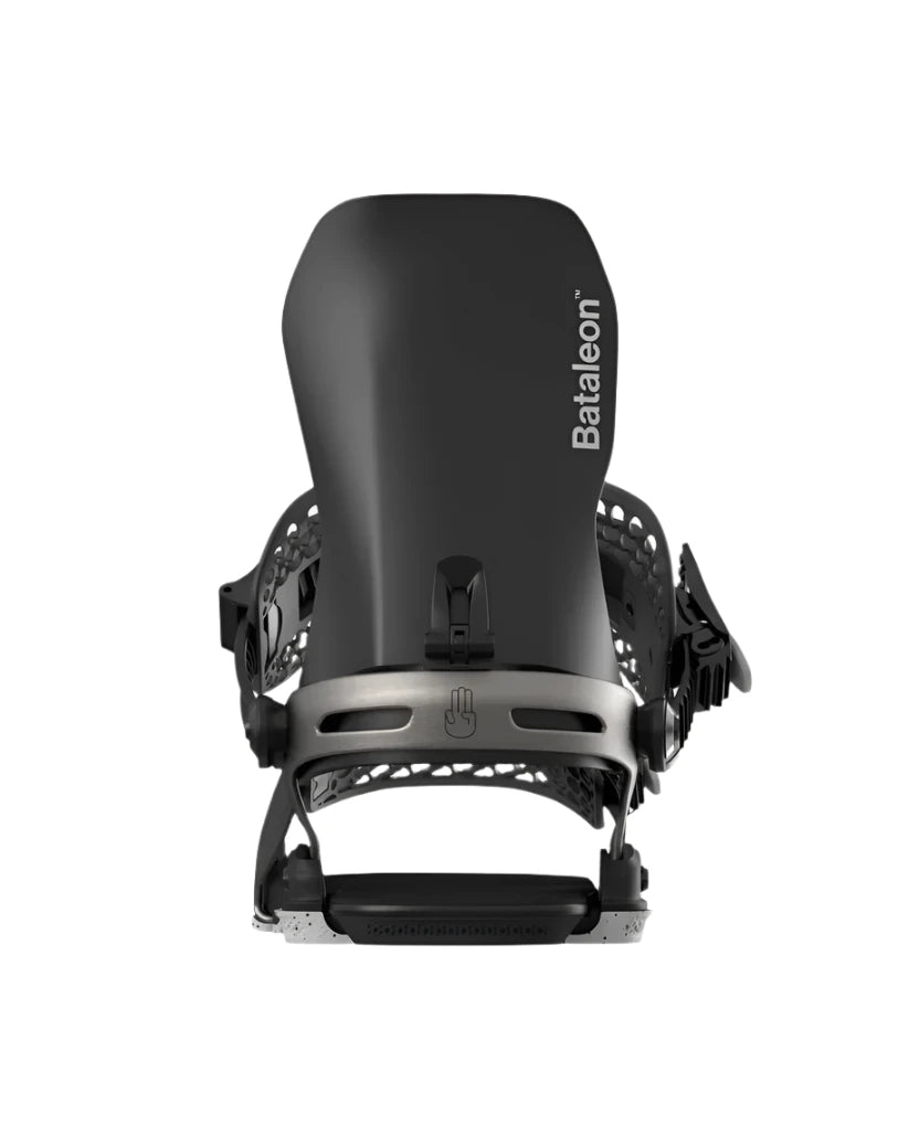 Bataleon Blaster Asymwrap Snowboard Bindings 2025 - Black bindings with white lettering on a solid white background.