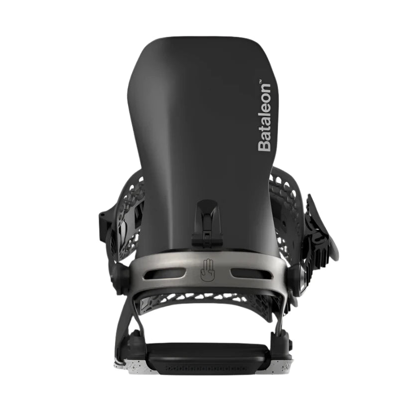 Bataleon Blaster Asymwrap Snowboard Bindings 2025 - Black bindings with white lettering on a solid white background.