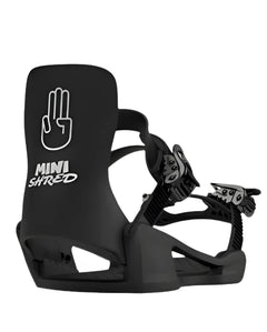Bataleon Junior's Minishred Snowboard Bindings 2025 - A black snowboard binding with a white logo featuring a hand and the words "MINISHRED" on the strap.