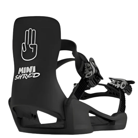 Bataleon Junior's Minishred Snowboard Bindings 2025 - A black snowboard binding with a white logo featuring a hand and the words "MINISHRED" on the strap.