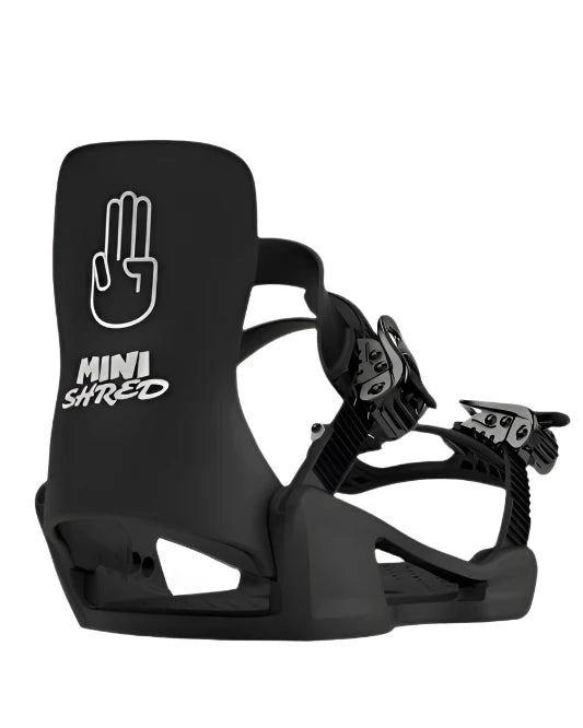 Bataleon Junior's Minishred Snowboard Bindings 2025 - A black snowboard binding with a white logo featuring a hand and the words "MINISHRED" on the strap.